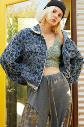 POL Flower Textured Raw Hem Long Sleeve Denim Jacket OutfitFlow